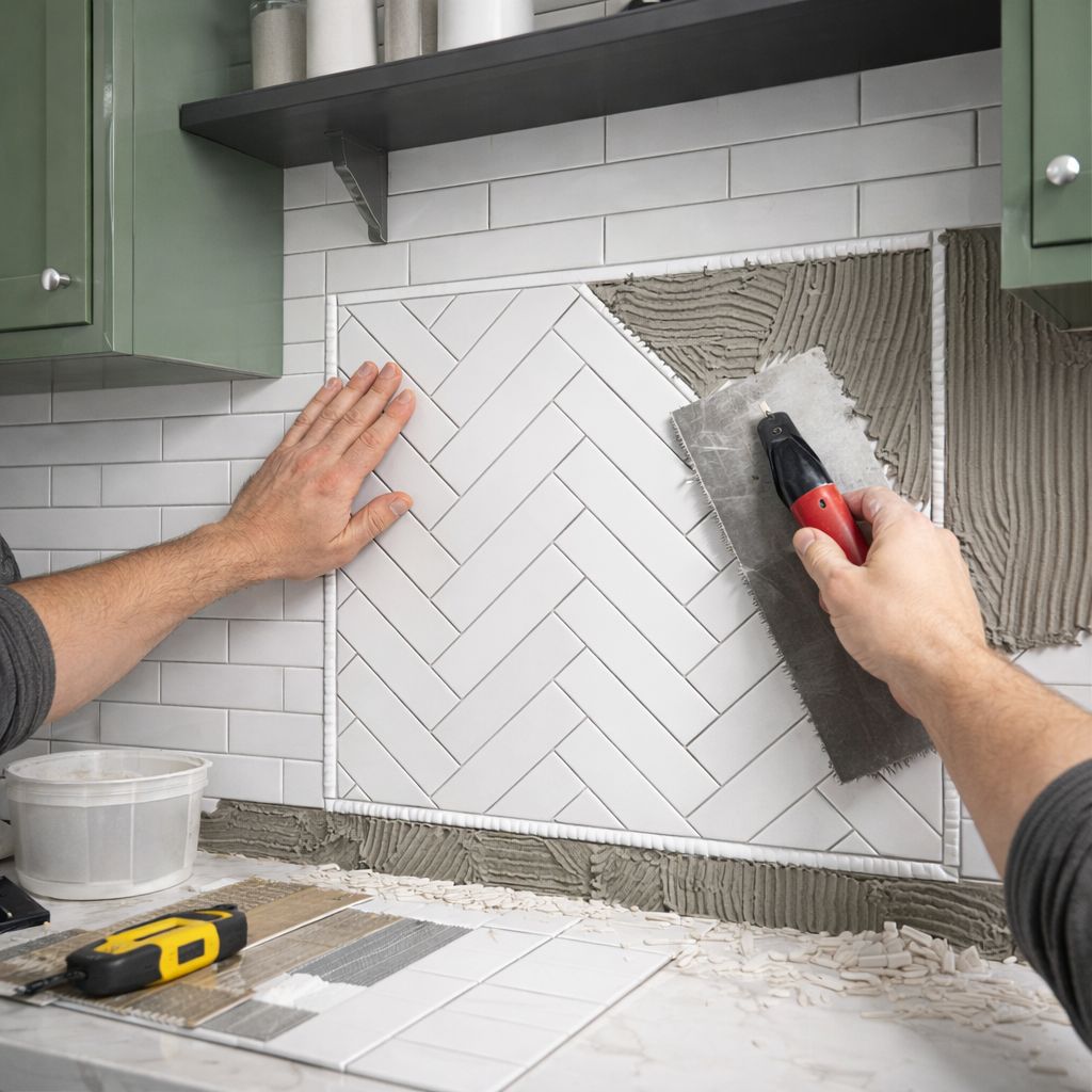 Brick, Glass, Slate, or Granite tile Stacked, 1/2 offset, or 1/3 offset pattern w/grouting per SQFT (Labor only)