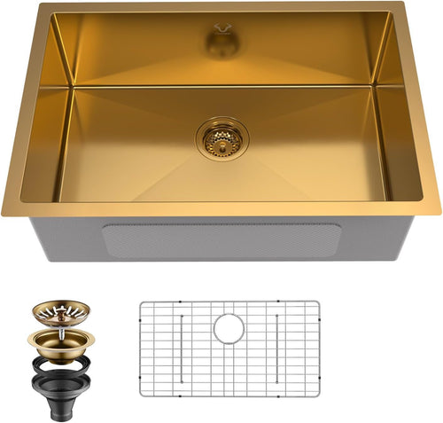 SINGLE BOWL + GOLD STAINLESS STEEL  18"LONG  x 9" DEEP  x 27/30" WIDE