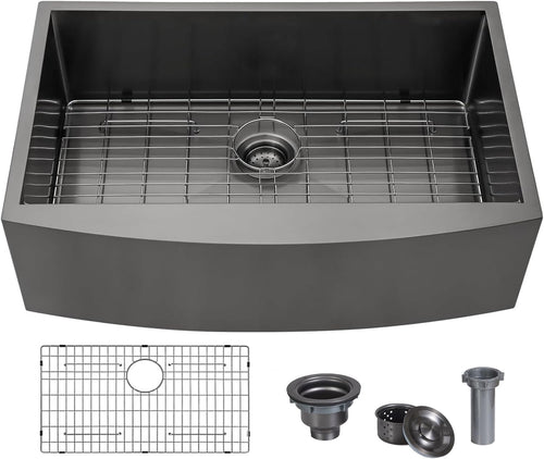 FARMHOUSE SINGLE BOWL + BLACK STAINLESS STEEL CURVED-APRON FRONT 22"LONG x 9" DEEP x 30/33" WIDE 
