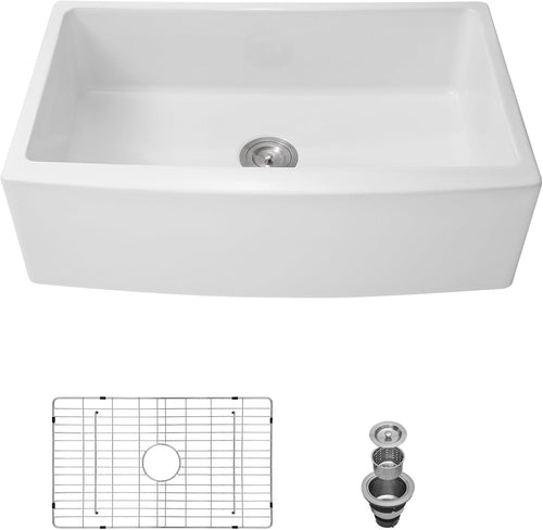 FARMHOUSE SINGLE BOWL+ GLOSSY-WHITE FIRECLAY CURVED-FRONT APRON 20"LONG x 10"DEEP x 28/30/33" WIDE