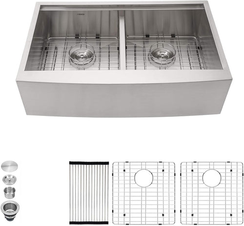 FARMHOUSE 50/50 BOWL + STAINLESS STEEL CURVED-APRON FRONT 20"LONG x 9" DEEP x 33/36"WIDE