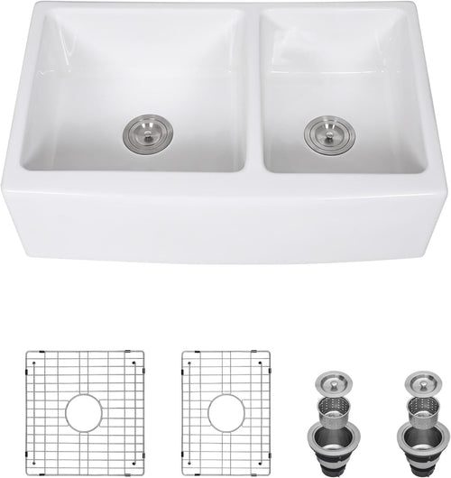 FARMHOUSE 60/40 BOWL+ FIRECLAY GLOSSY-WHITE APRON STRAIGHT FRONT 22"LONG x 9"DEEP x 33" WIDE